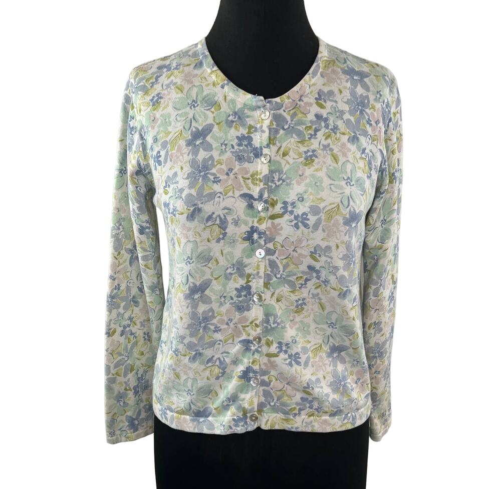 L.L. Bean Ramie Cotton Blue Floral Button-Up Cardigan ONV07 Spring Vintage XS